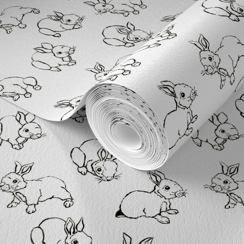 Baby Bunnies in Black and White Fabric and Wallpaper