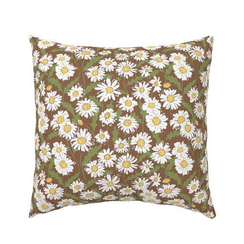 Brown Linocut Daisies Fabric and Wallpaper