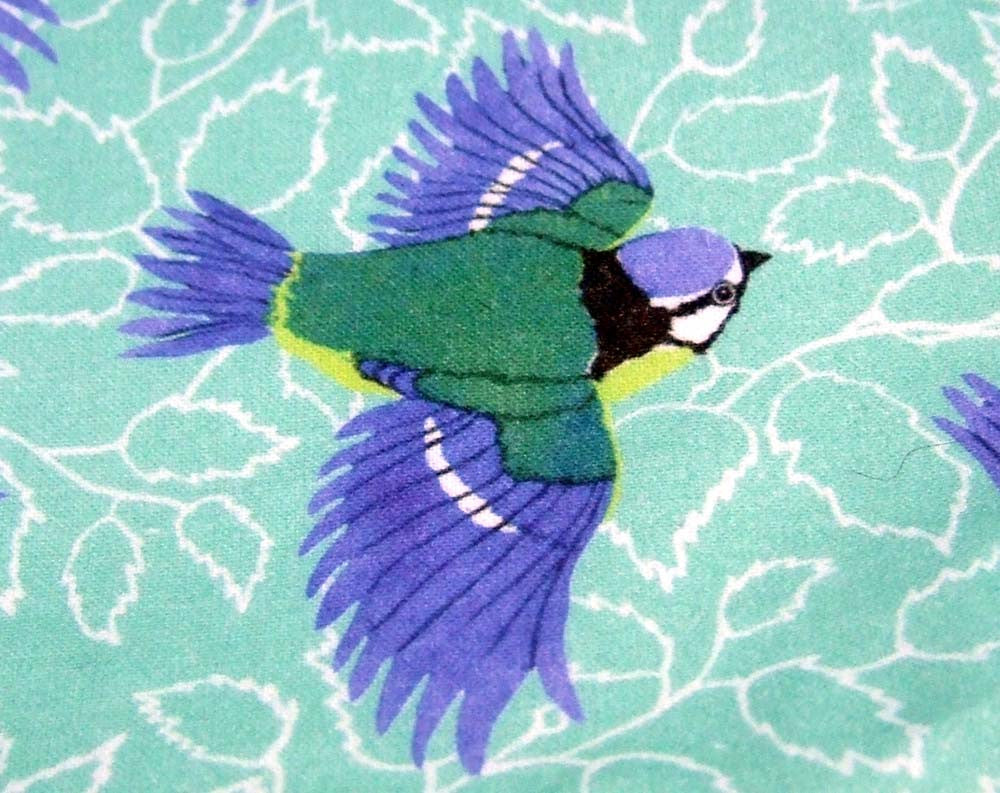 Close up of Blue Tit on Birch Leaf Fabric