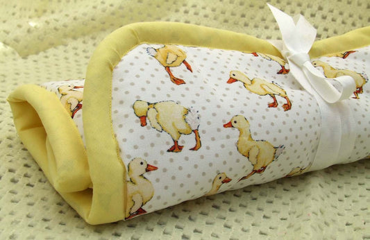 Yellow Duckling on Grey Polka Dot Fabric