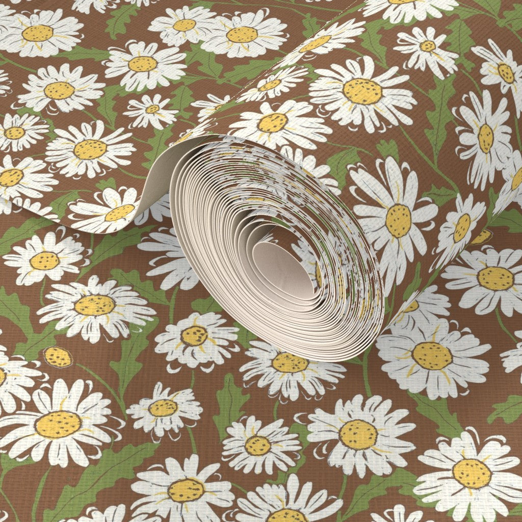Brown Linocut Daisies Fabric and Wallpaper