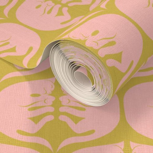 Abstract Pink Sleeping Cat Fabric and Wallpaper