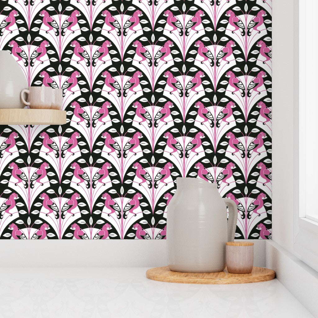 Art Deco Pink and Black Geometric Bird Design