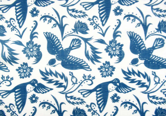 Delft Blue and White Folk Bird Fabric and Wallpaper