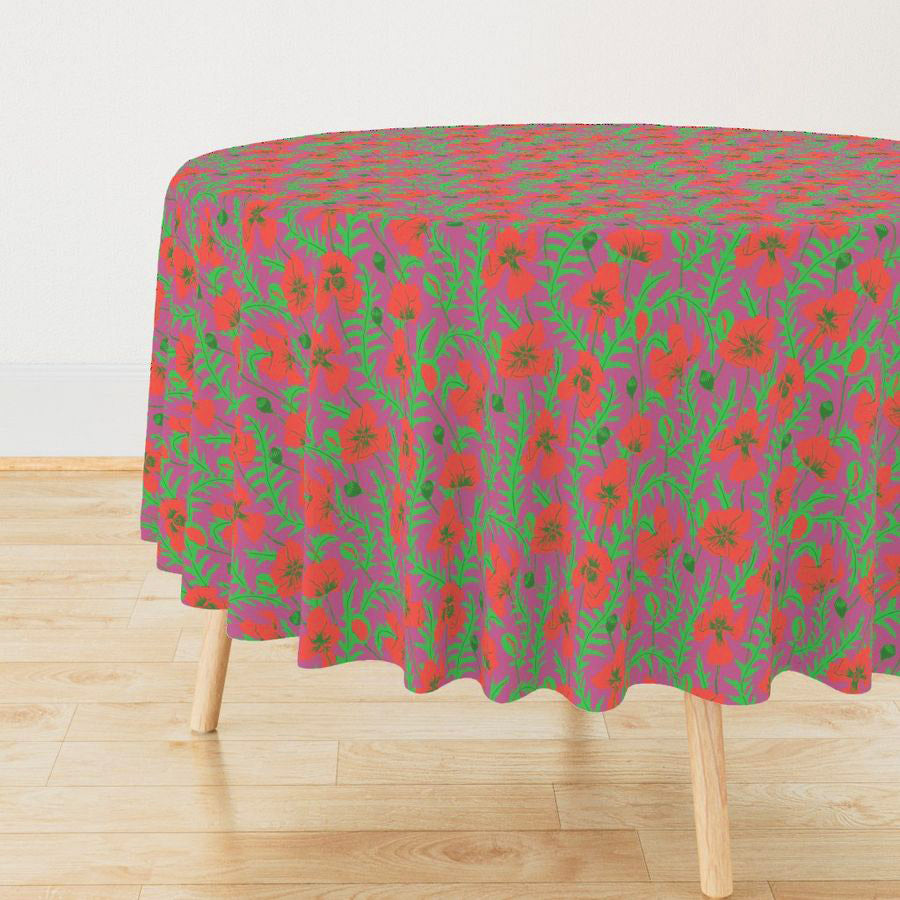 Poppies in Bloom on Purple Fabric and Wallpaper