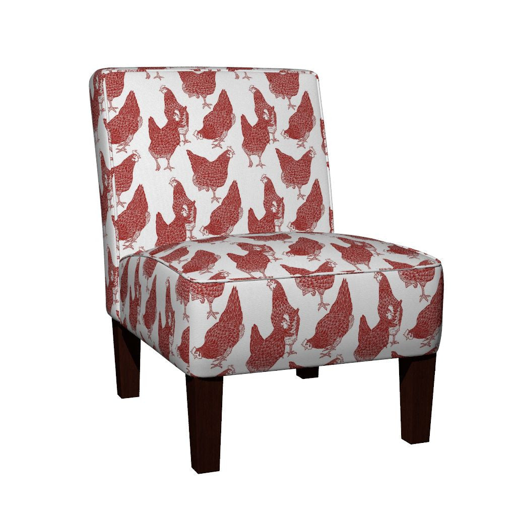 Chair upholstered in Red Hens Fabric