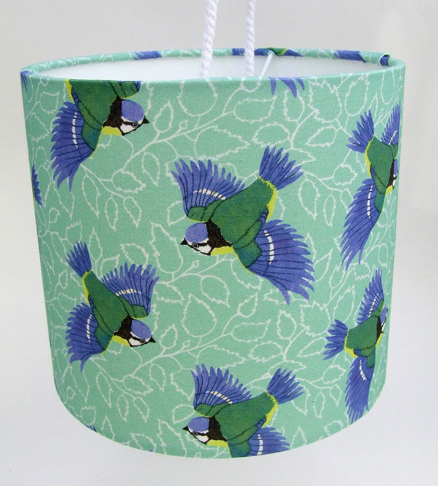 Blue Tit on Birch Leaf Fabric as Lampshade