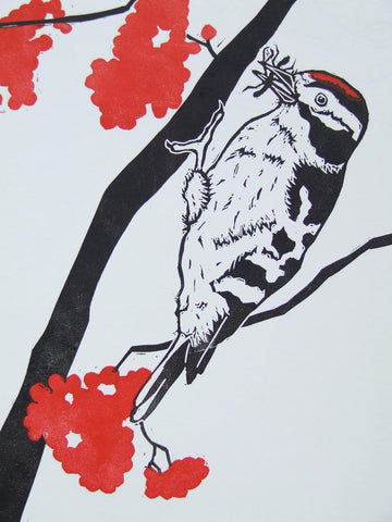 Black and Red Woodpecker Linocut