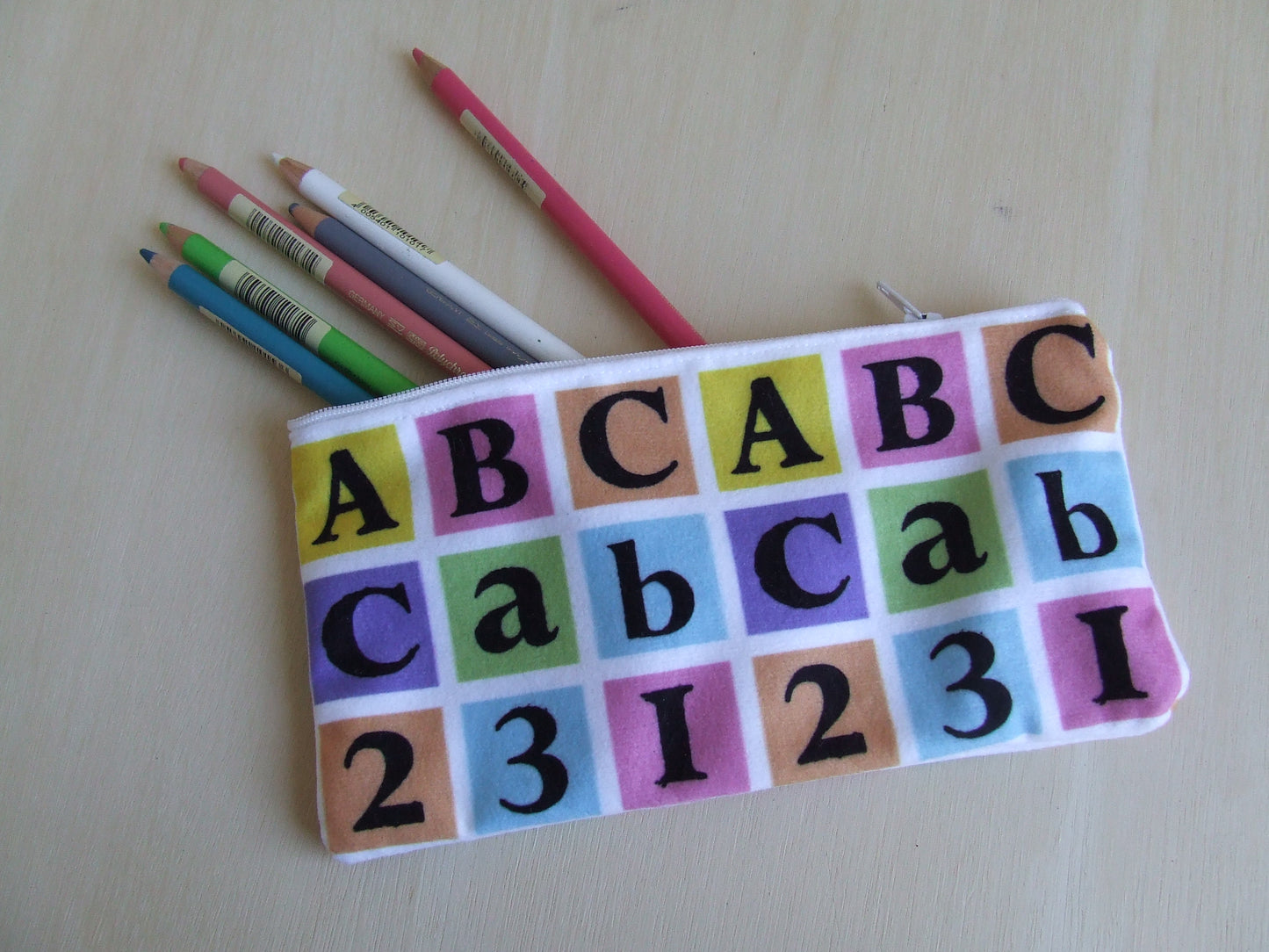 ABC and 123 Coloured Block Fabric as Pencil Case