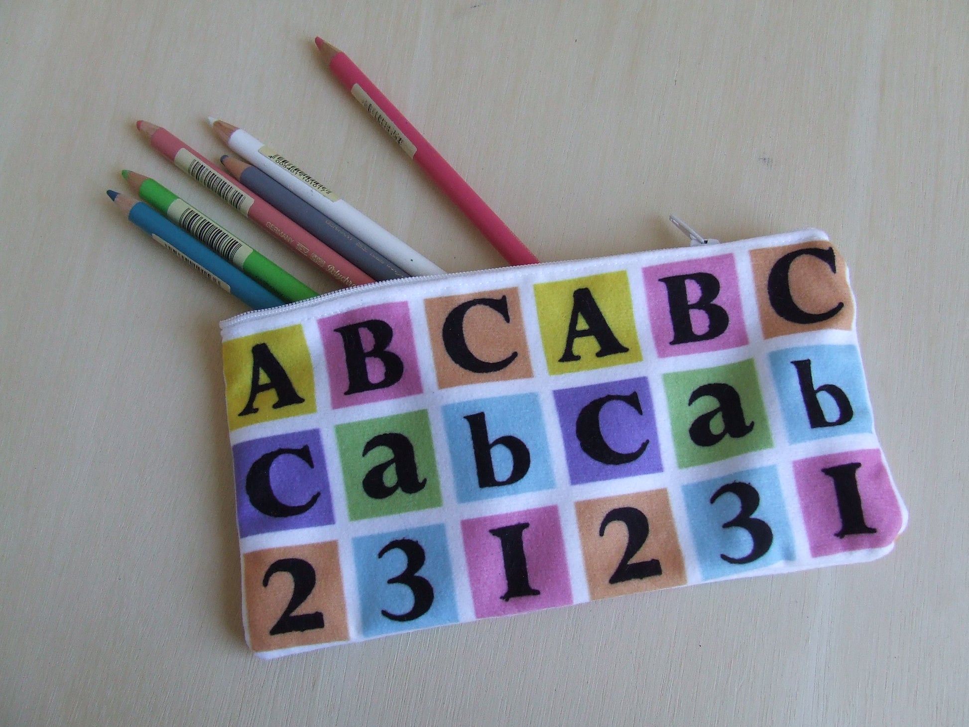ABC and 123 Coloured Block Fabric as Pencil Case