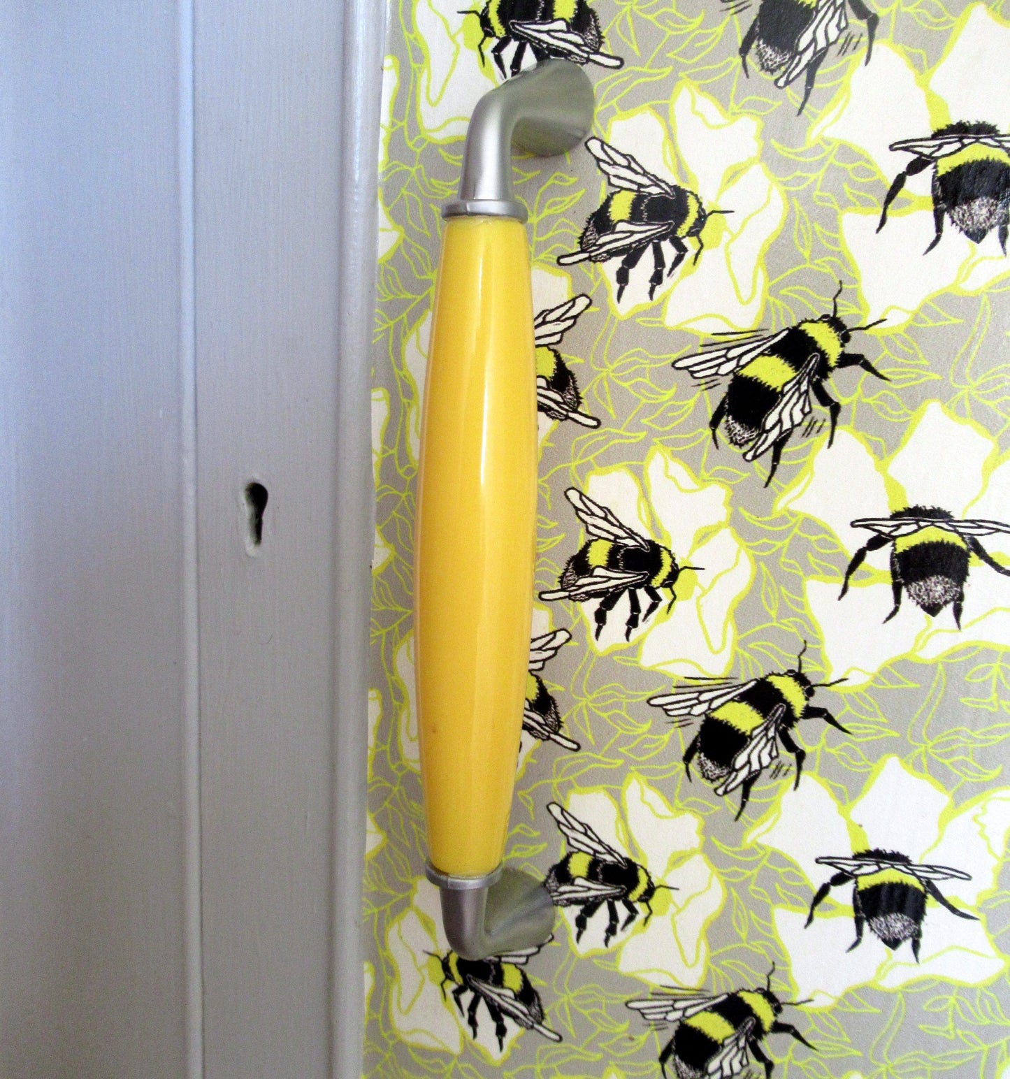 Bumblebees and Flowers on Grey Background Fabric and Wallpaper