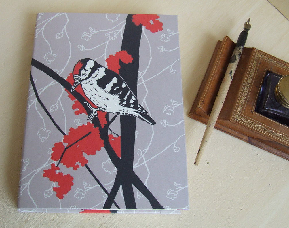 Journal covered with Woodpeckers and Red Berries Fabric