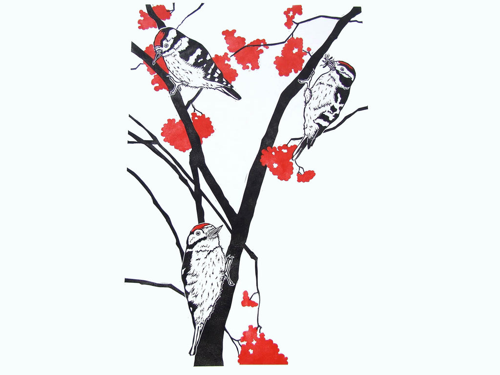 Black and Red Woodpecker Linocut