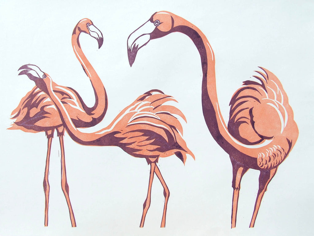 Pink Flamingo Linocut
