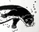 Otter Hunting Fish Linocut