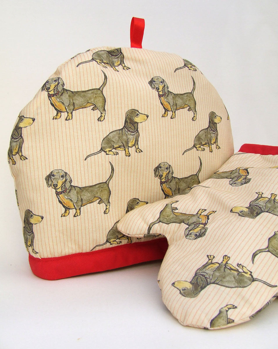 Dachshunds with Red Stripe Fabric - Teacosy and Oven Gloves